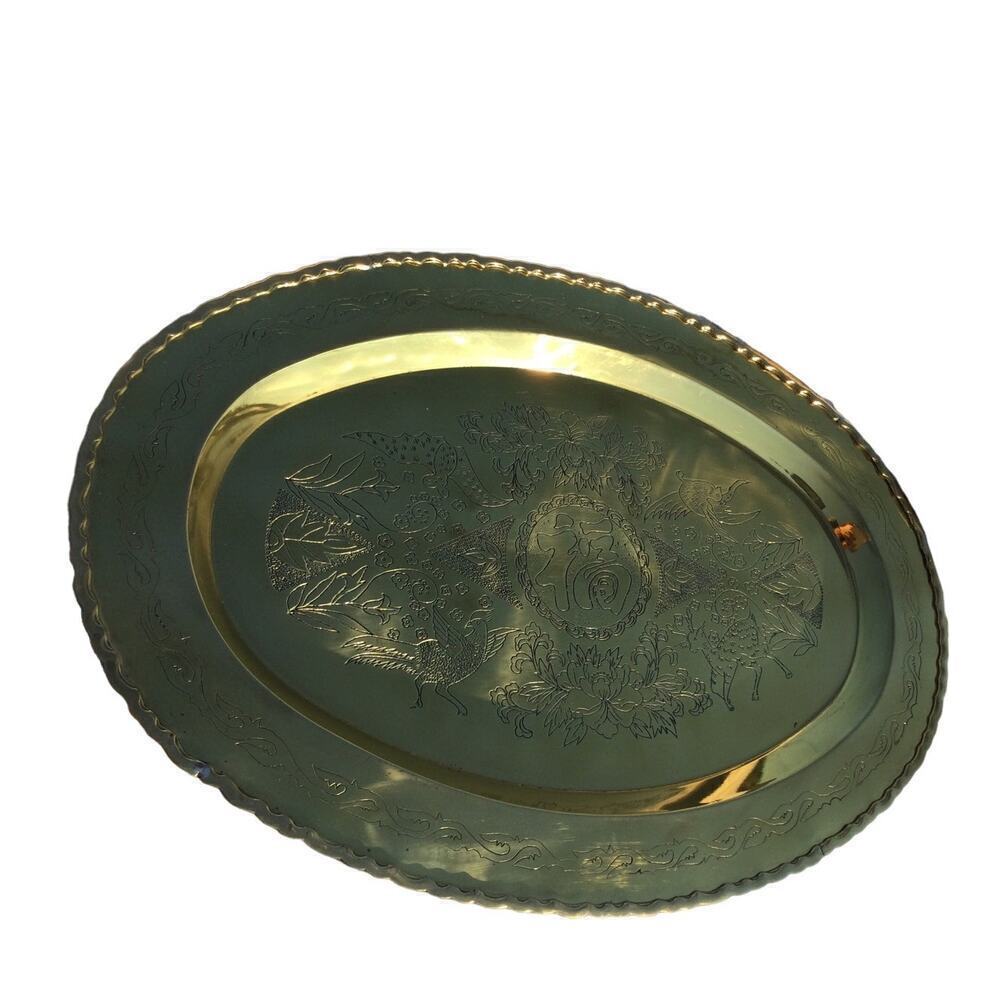 Giant brass serving platter 24"X18" birds tray oriental asian gold partridge MCM